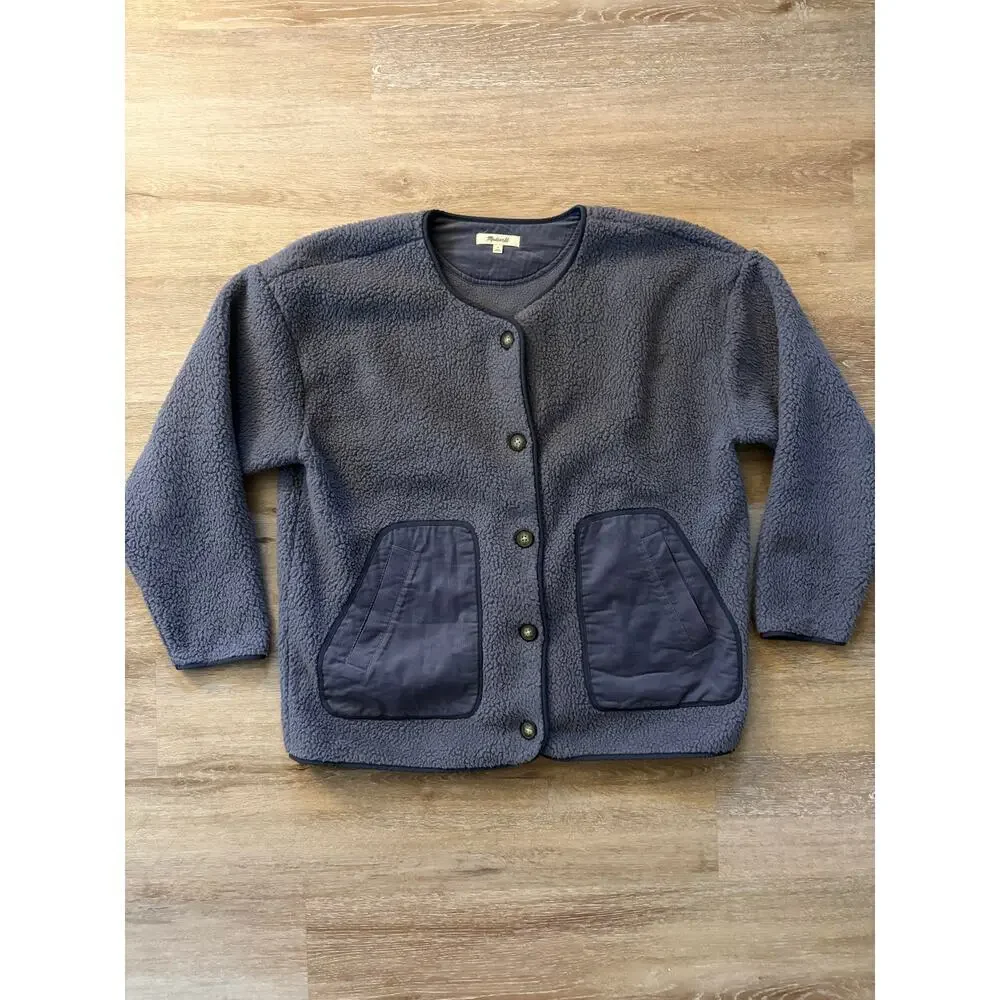 Madewell Fleece Cardigan Jacket Button Re)sourced Shacket Blue